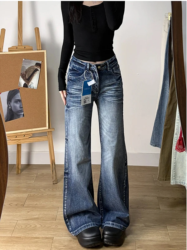 

American Retro Flared Jeans Women Loose Straight Leg Floor-Length Pants Spring 2026 New High Waist Wide Leg Overalls