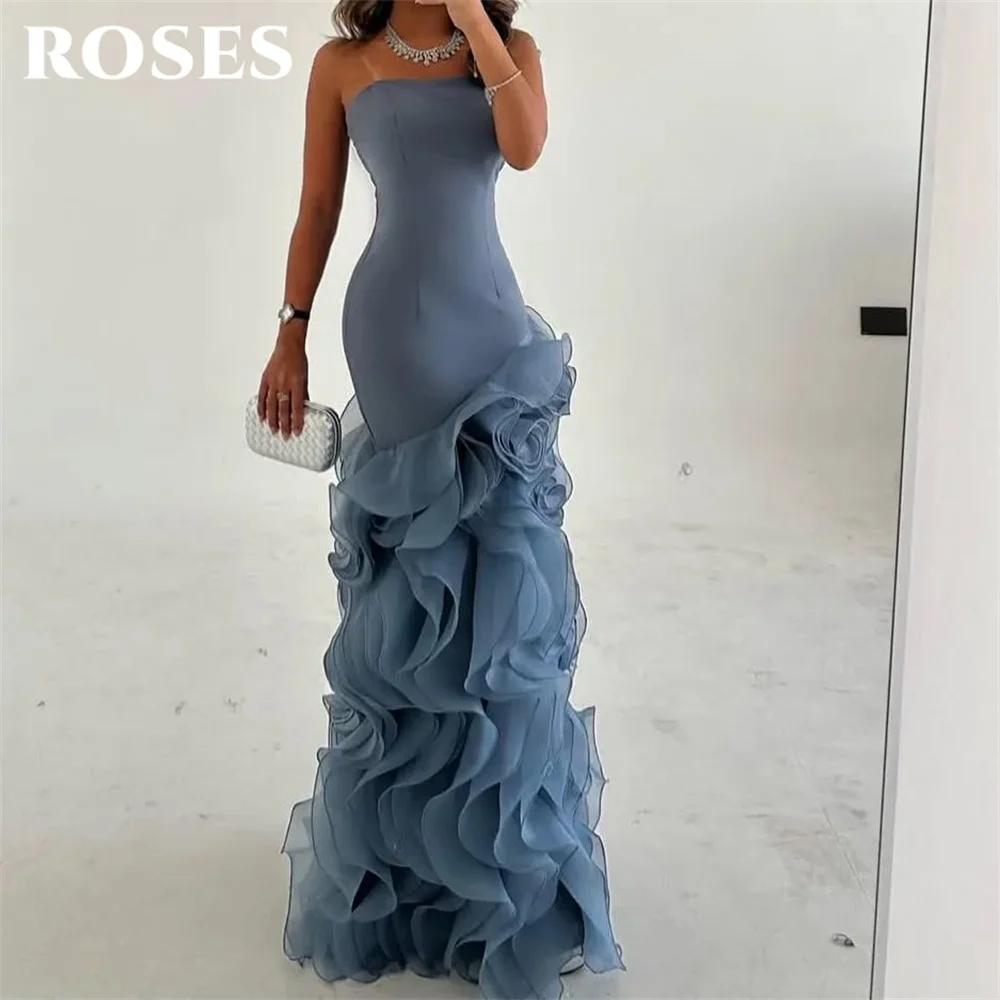 

ROSES Элегантное вечернее платье из синего тюля без бретелек Платья знаменитостей Многоуровневое многослойное платье для особых случаев со складками по индивидуальному заказу