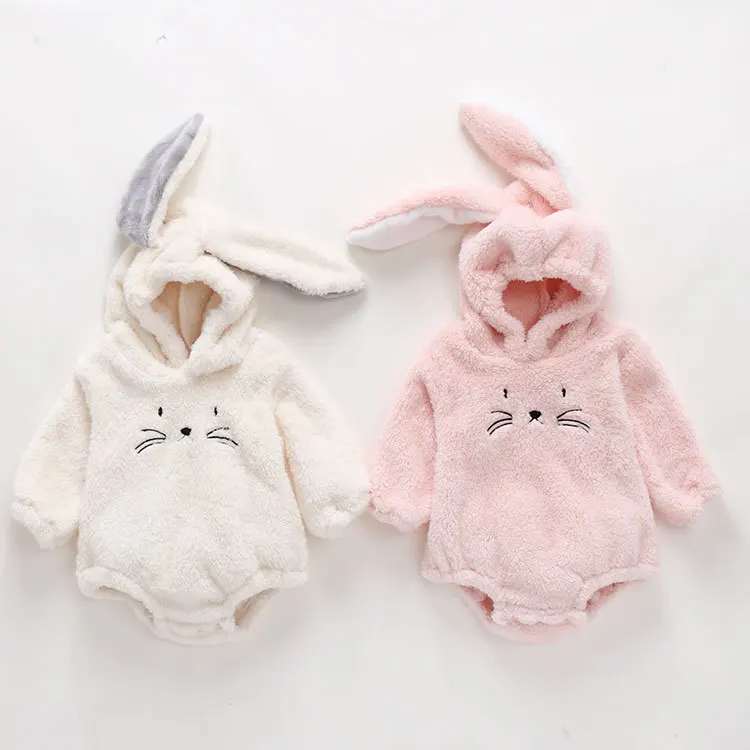 Baby Boy Girl Bunny Romper Winter, Hooded Long Sleeve Bodysuit, Warm Coral Fleece One-Piece Pajamas, Soft Non-Shedding Fabric