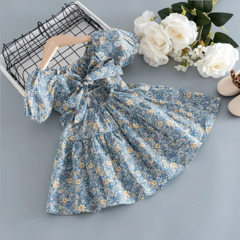 Girls\' dress summer new children\'s clothing backless lace up A-line skirt countryside floral bubble sleeve princess skirt