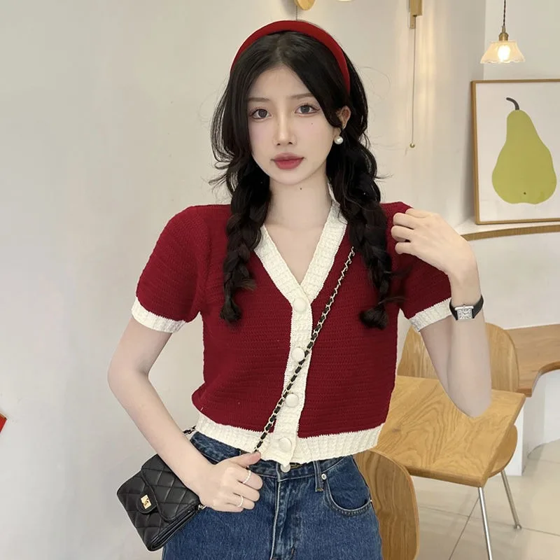 

Color Collision Short Blouse Women Summer Thin Korean V-neck Short-sleeved Knitwear Office Lady Versatile Daily Tops Female