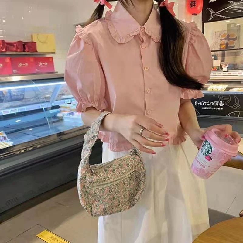 MEXZT Sweet Cute White Shirt Women Pink Ruffles Puff Sleeve Blouse Student Summer Kawaii Preppy Japanese Loose Casual Crop Tops