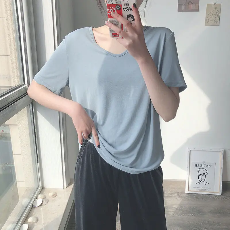 반팔 티셔츠 여성 브이넥 가볍고 부드러운 솔리드 엄마 편안한 올 매치 스트리트웨어 우아한 한국 스타일 패션 신상품