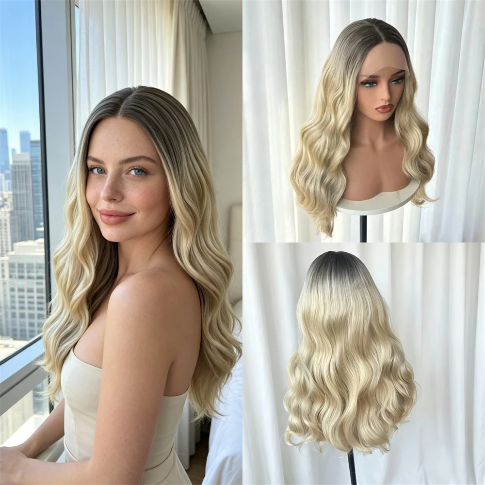 Party Daily Cosplay Wigs 13x4 Free Part Ombre Golden Blonde Synthetic HD Lace Front Wig for Women Heat Resistant Fiber Wigs