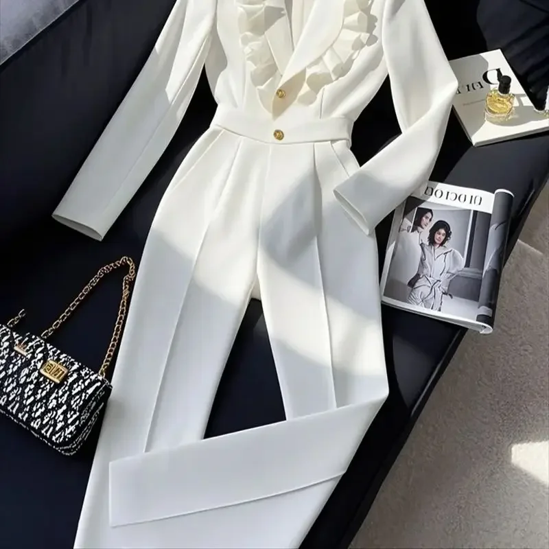 Nieuwe Mode Elegante Jumpsuit Vrouwen High End Lente Ruches Slanke Hoge Taille Lange Mouw Wijde Pijpen Broek Office Lady Formele Pak