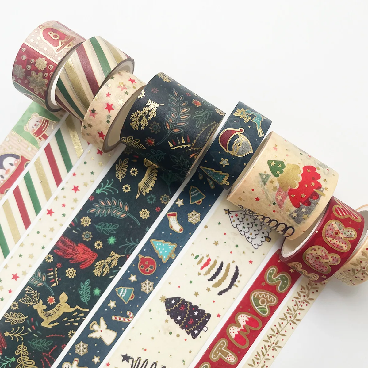 MOHAMM-Gold Foil Christmas Washi Masking Tape Set, DIY Arts Craft, Scrapbooking Projects, Gift Wrapping, 8 Rolls