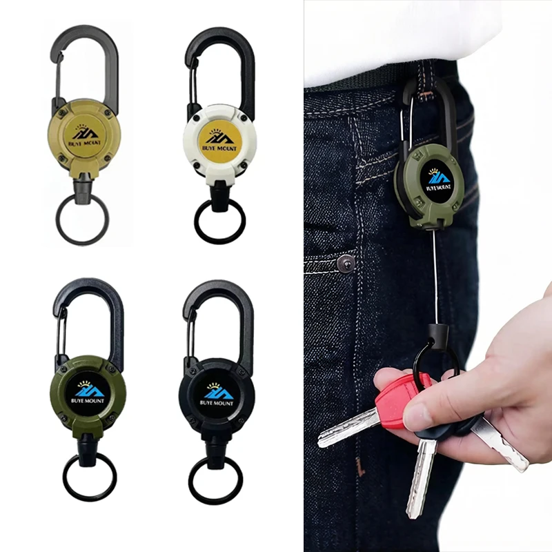 Heavy Duty Retractable Keychain Steel Wire Rope Badge Reel with Carabiner Anti-Lost Extendable Key Holder Outdoor EDC Tool