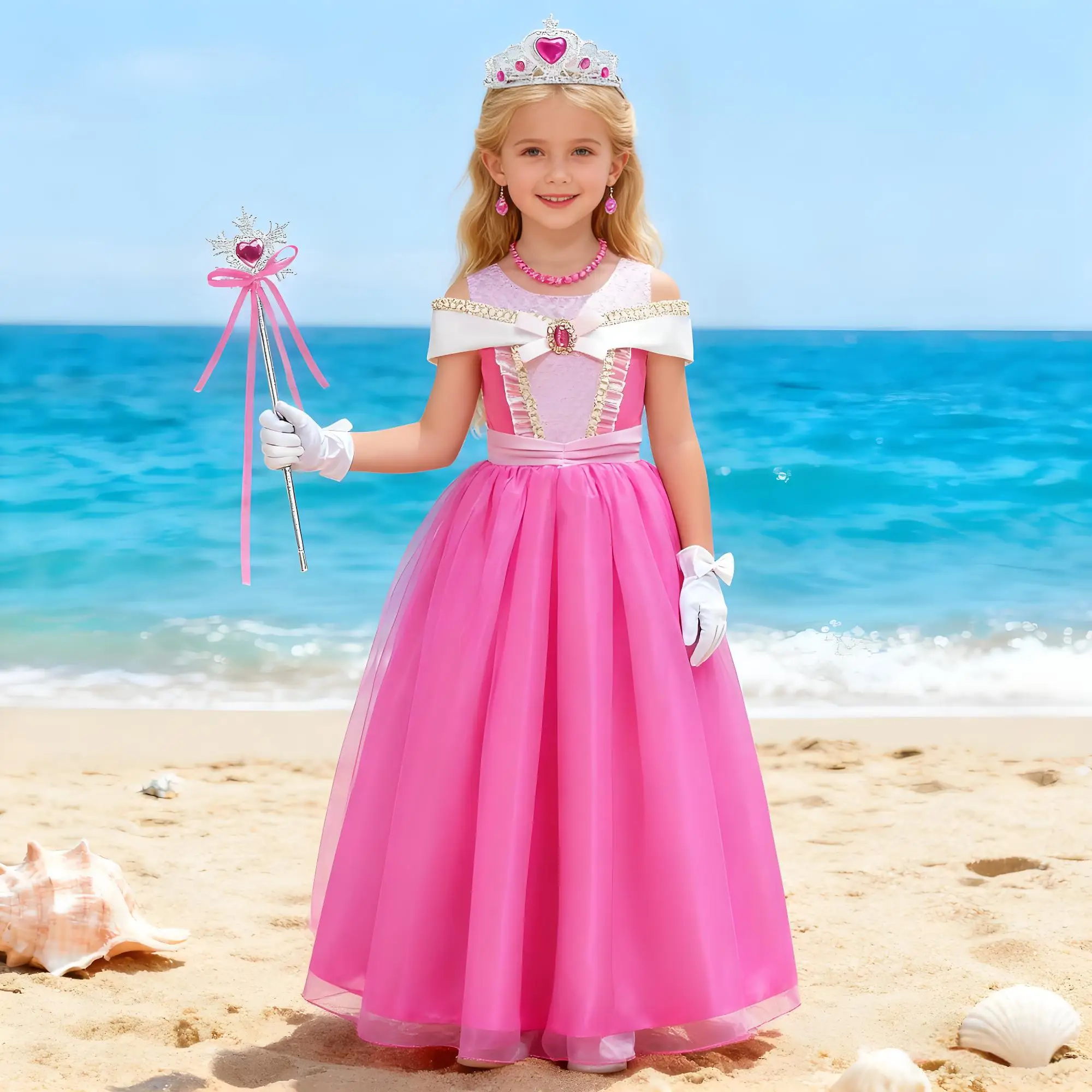 

Girls Sleeping Beauty Cosplay Dress Long Sleeve Off Shoulder Kids Christmas Party Princess Clothing Halloween Aurora Costumes