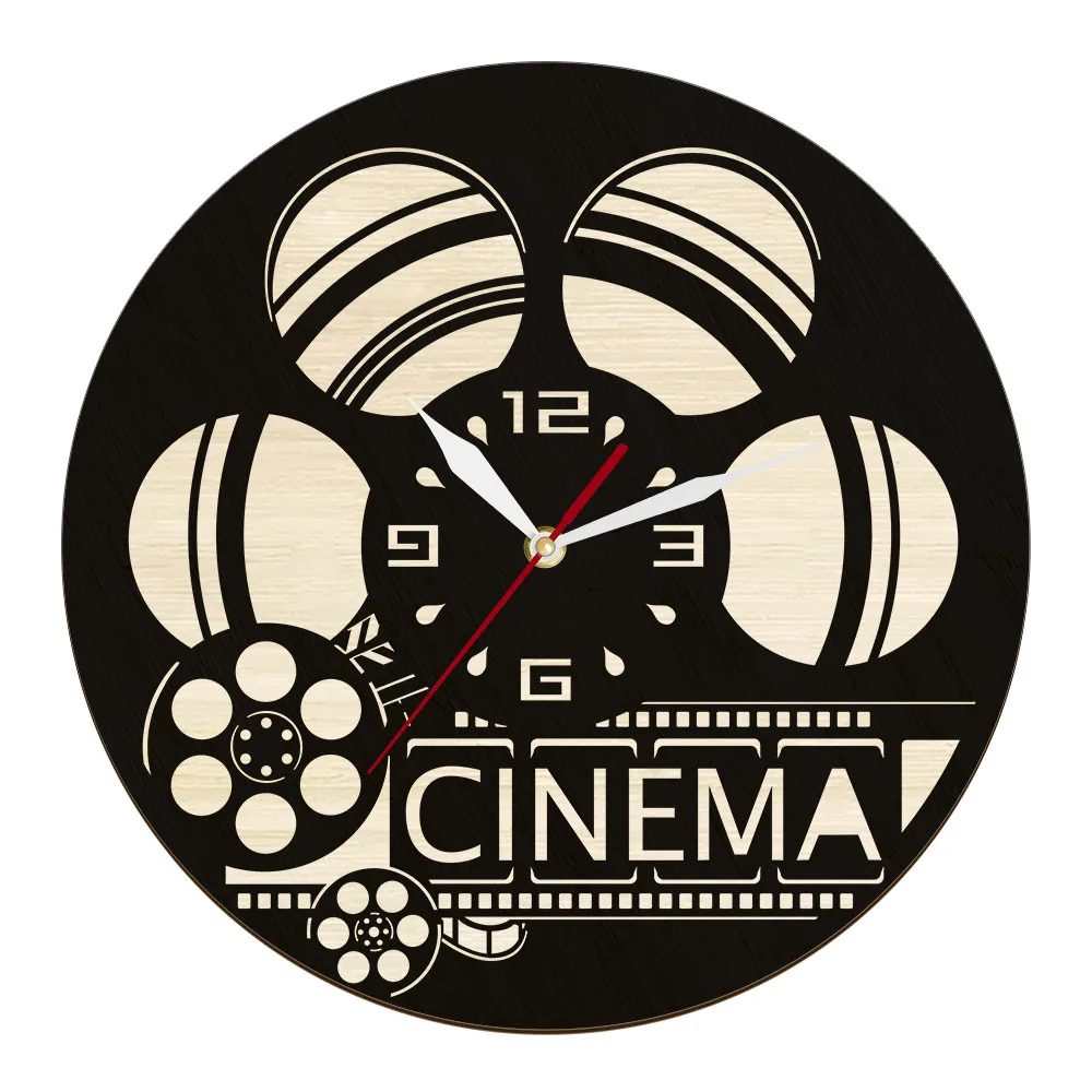 Cinema Roll Film Nature Wood Clock Movie Decor For Home Theater Filmstrip Eco Friendly Natural Art Quiet Sweep Quartz Wall Clock