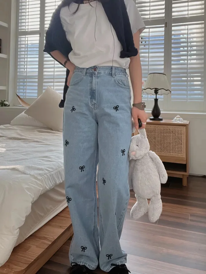 

Джинсы женские прямые с высокой талией, весна 2024, новинка, широкие брюки с узлом, модный дизайн, длина в пол