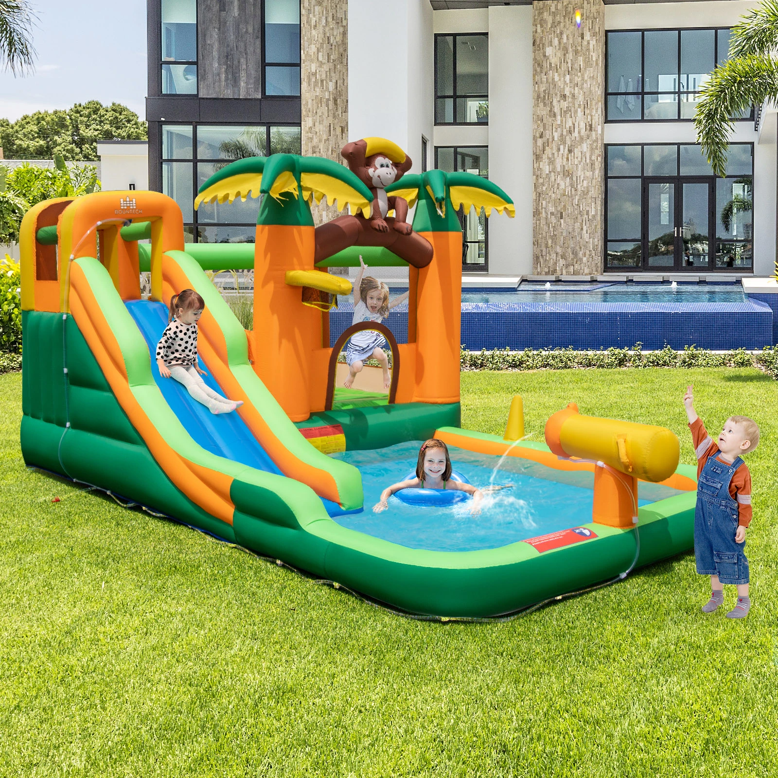 Inflatable Water Slide Park Monkey Bounce House Splash Pool with 680W Blower