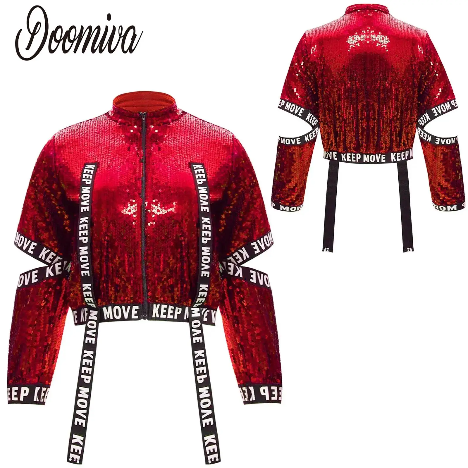 

Kids Girls Jazz Dance Performance Costume Coat Hip-Hop Street Outerwear Dancewear Glittery Sequin Cutout Sleeves Jacket