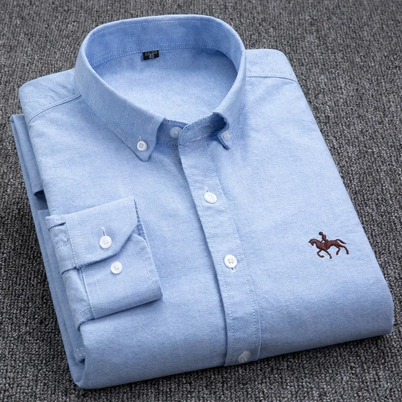 Pure Cotton Oxford  Embroidered Horse Casual Without Pocket Solid Shirt Men\'s Long Sleeve Dress Shirt Men Plus Size
