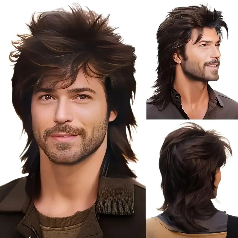 باروكة رجالي طراز الثمانينيات بتصميم رأس الثعبان، إكسسوار تنكري للحفلات، شعر كثيف متوسط الطول، باروكة موليت للرجال