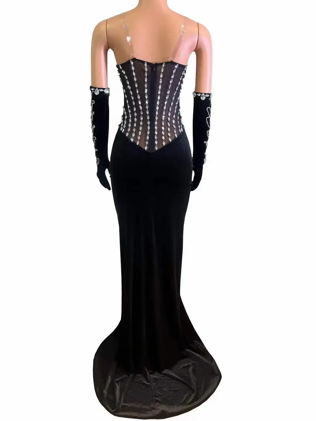 Sparkly Black Hot Drilling Process Rhinestone Women Dress With Gloves Elegant Velvet Dressy Birthday Party Drag Queen Costume