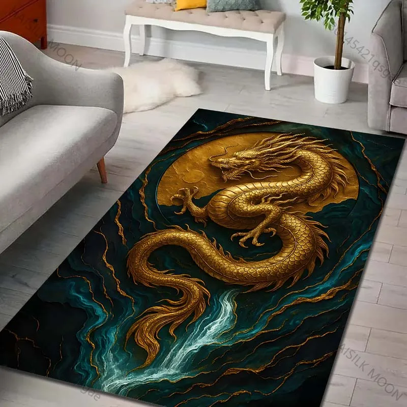 15 sizes Golden dragon with moon waterfall Print Carpet Rug for Living Room Bedroom Sofa Doormat Home Decor Non-slip Floor Mat