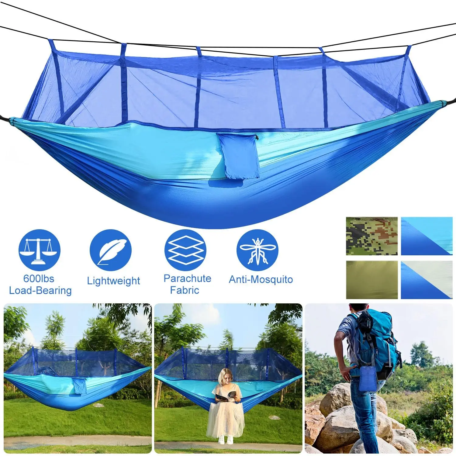 Large camping hammock with mosquito net Lightweight hammock swing Outdoor backpacking Backyard hiking 260*140CM