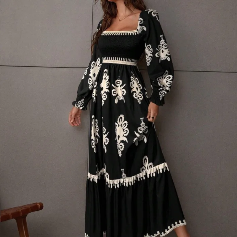 2025 الخريف المرأة أنيقة ملابس منقوشة بكم طويل فستان طويل Vestido Largo Mujer أنيقة البوهيمي فساتين السهرة عطلة نمط