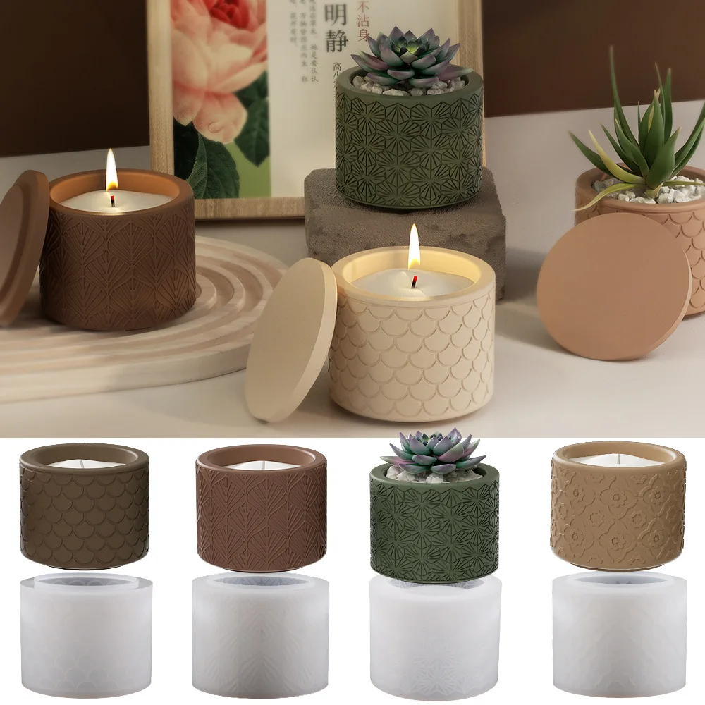 DIY Candle Jar Cement Fish Scale Leaf Pattern Flower Pot Epoxy Resin Storage Box Gypsum Candle Cup Ornament Silicone Mold