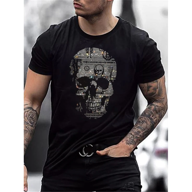 New Men\'s Fashion Diamonds T-Shirts Skull Hot Drill Tee Tops Short Sleeve O-Neck Rhinestone Club Men Clothing Tshirt Quality Y2K