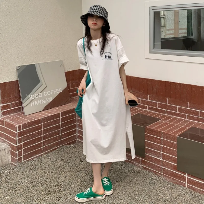 Fashionable Loose Women's Dress Korean Round Neck Simple Slit Over-knee Letters T-shirt Skirt Lazy Style Summer Long Dress 2025