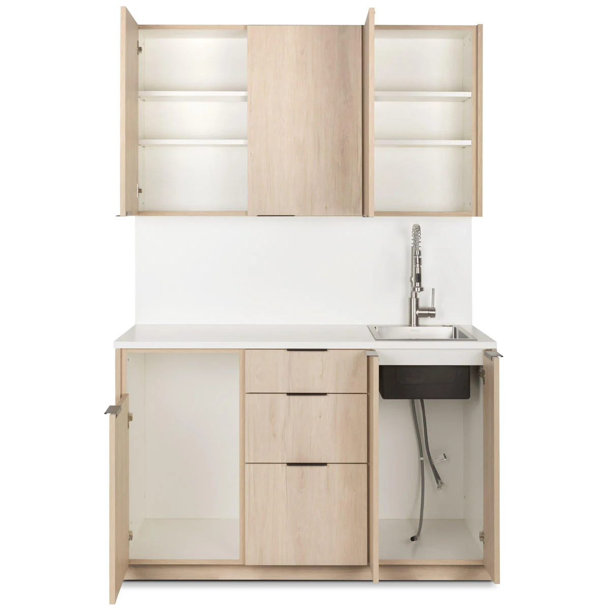 Minimalist Salon Washing Station with Stainless Steel Sink Hair Color Bar Workstation Wooden Salon Storage Station