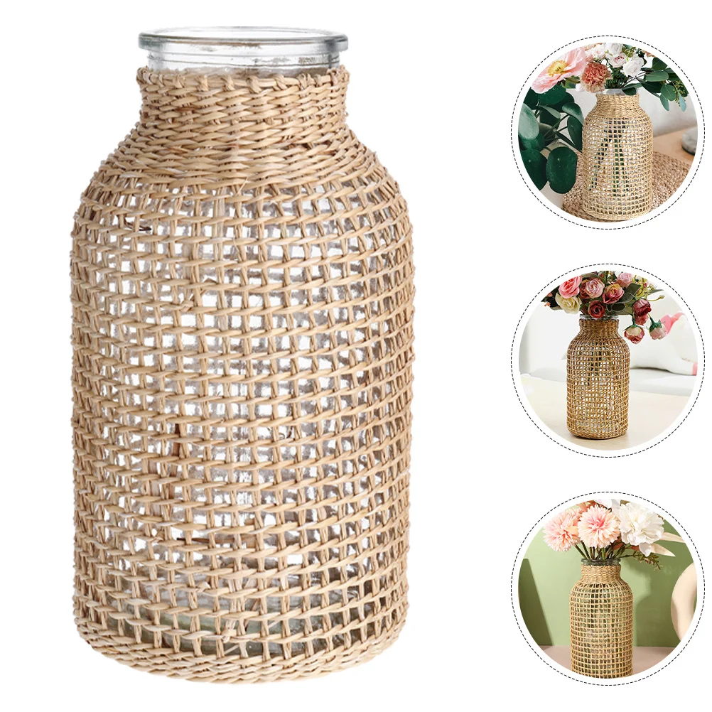 

2Pcs Grass Woven Glass Vase Japanese Inspired Rustic Farmhouse Decorative Dried Flower Arrangement Table Centerpiece