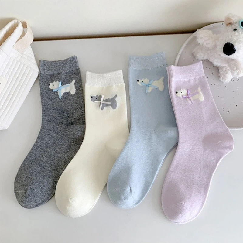 1/4 Paar Schleife Niedliche Cartoon Damen Mittelsocken Frühling Herbst Reine Baumwolle Einfache Bequeme Freizeitsocken