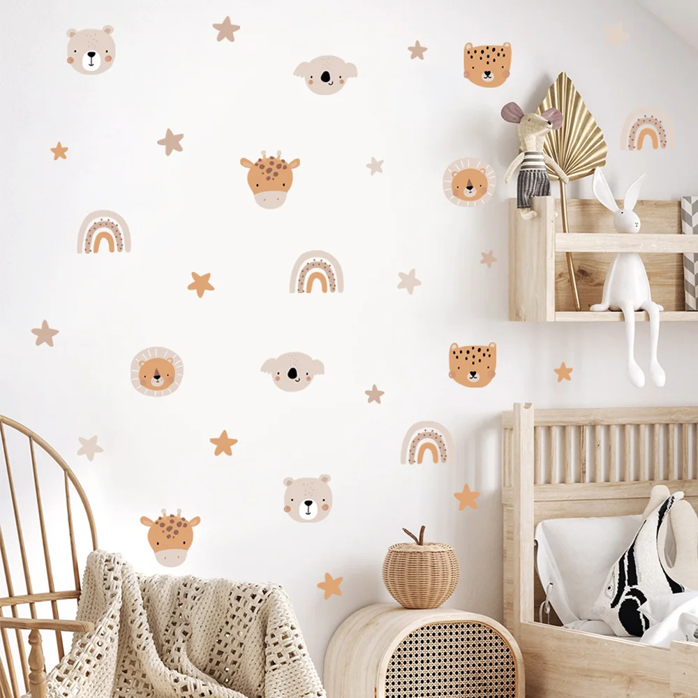 Calcomanías de pared bohemias de dibujos animados de oso arcoíris, animales, estrellas, guardería, regalos artísticos, habitación de niños, pegatina de pared del dormitorio para niñas, decoración del hogar