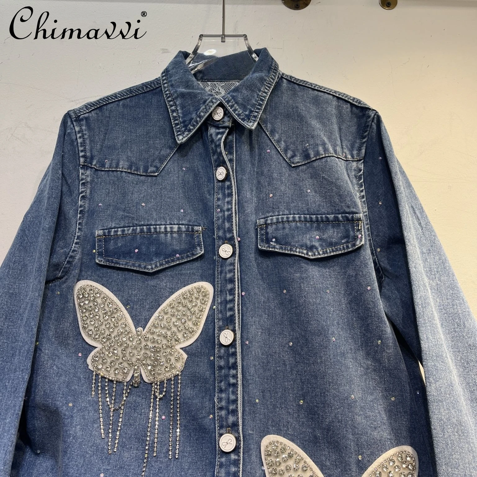 

European Style Heavy Rhinestone Tassel Denim Shirt for Women 2026 Spring New Loose Fit Fashionable Long-Sleeve Blouse Tops
