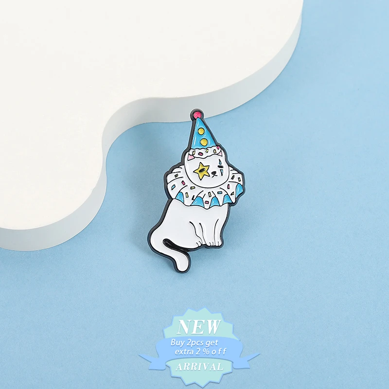 Cartoon Cute Playful White Cat Enamel Pin Christmas Blue Hat Clown Cat Metal Brooch Lapel Badge Funny Jewelry Gift For Friends