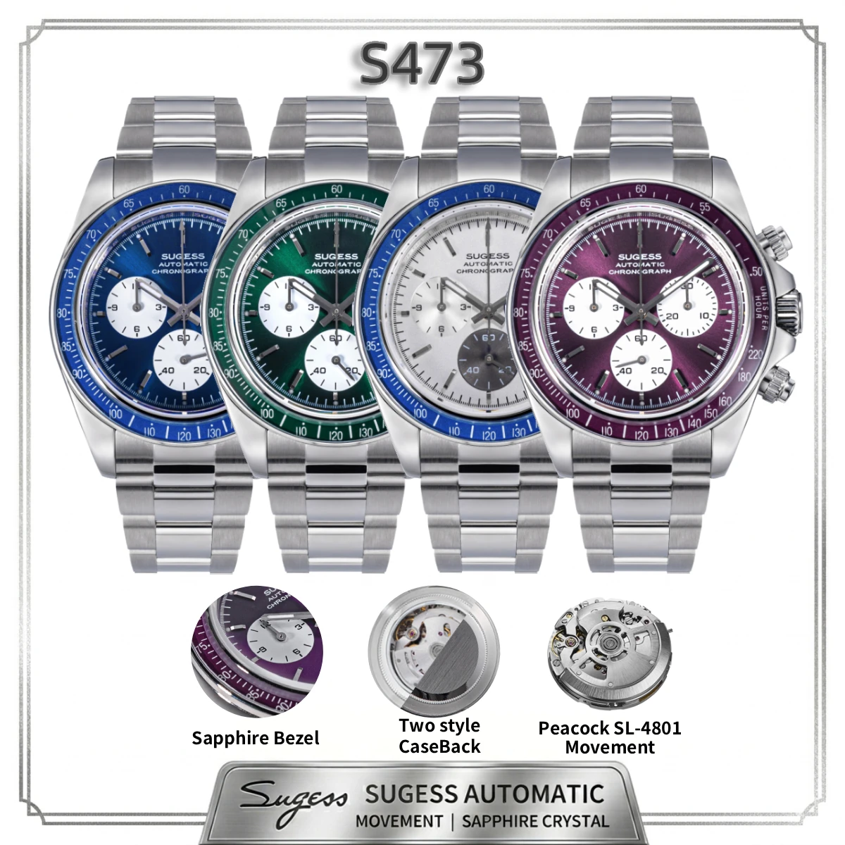 Sugess Chronograph Watch of Mens Peacock SL4801 Movement Automatic