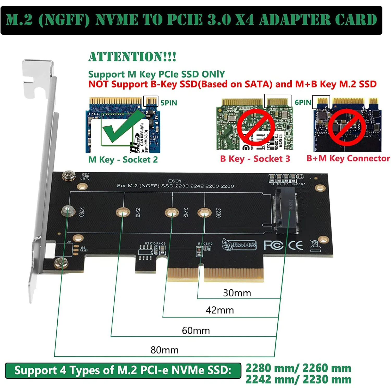 M.2 NGFF SSD M Key NVME PCIe 3.0 x 4 Card Adapter Support M.2 PCIe 2280, 2260, 2242, 2230