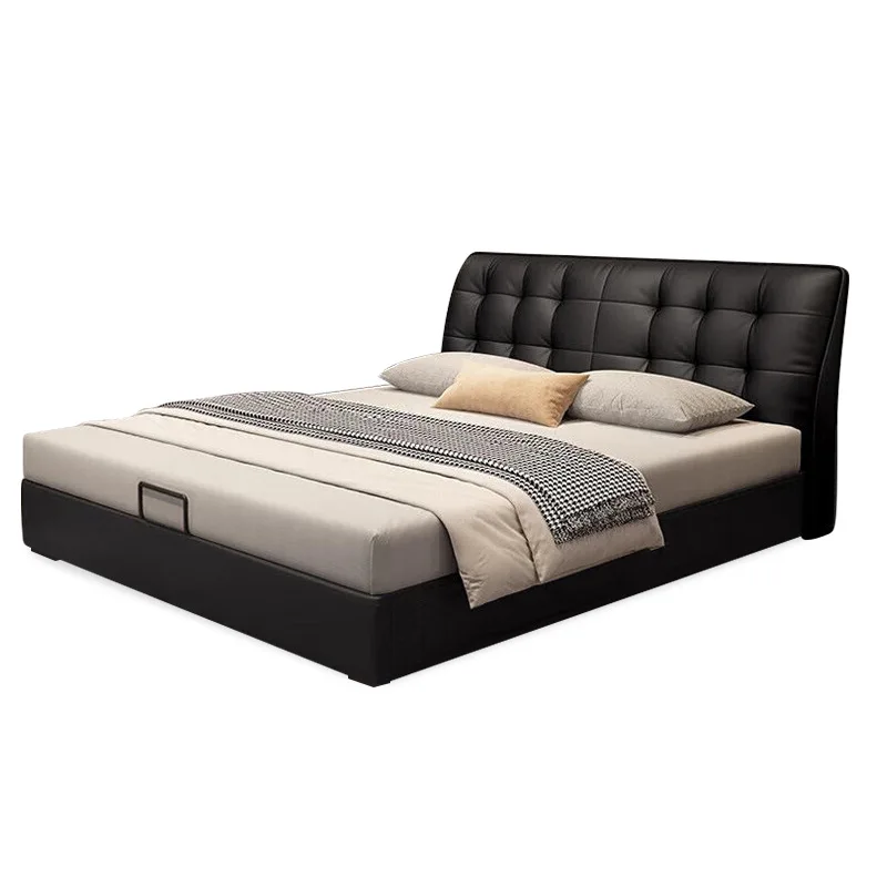 

Double leather bed, Italian, retro, small apartment, storage high box bed, household, soft bag