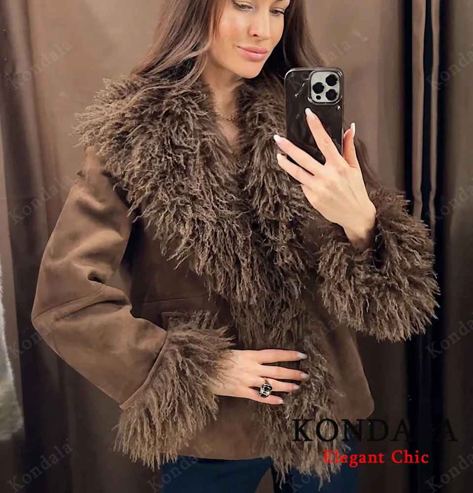 

KONDALA женская винтажная гламурная куртка с искусственным меховым воротником и карманами, новинка 2025 года, осенне-зимняя модная уличная женская куртка, пальто