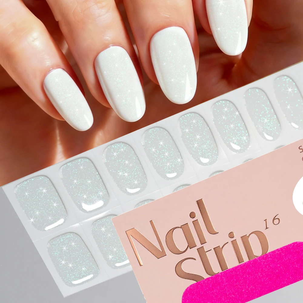 16 tips/set 5D glitter gouden semi-uitgeharde gel nagelstickers full-cover gouden nagelsticker langdurige gouden UV/LED nagelstickers