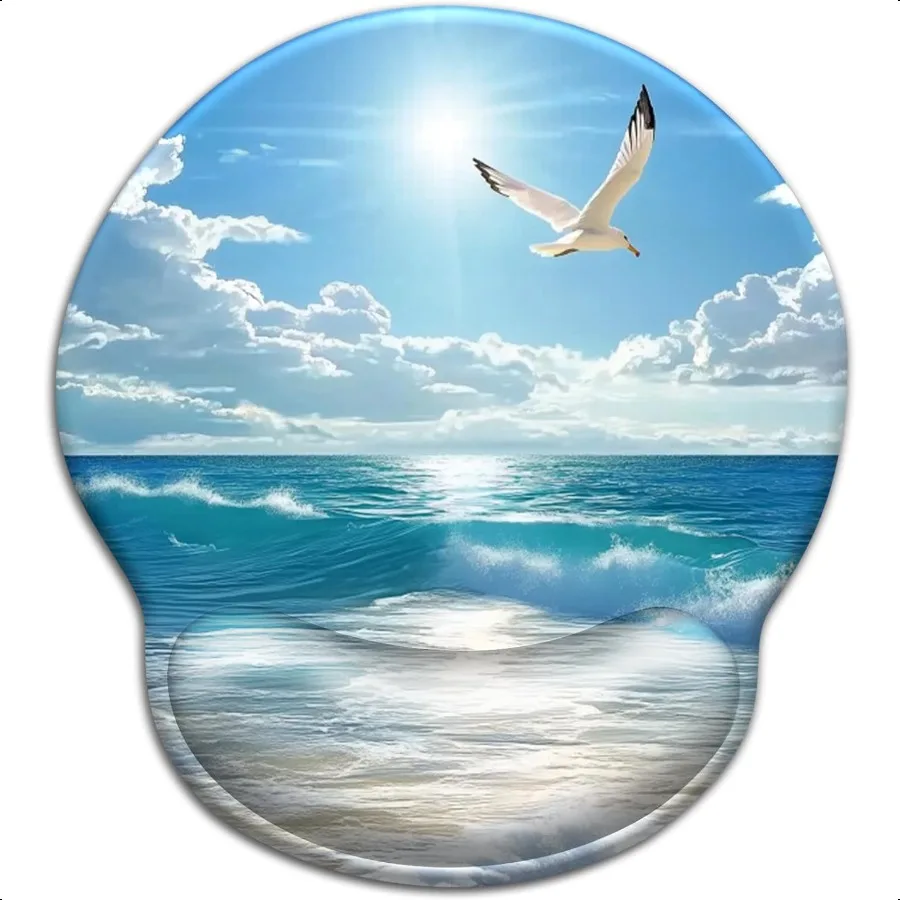 

Коврик для мыши Beach Ocean Wave с подставкой для запястья Эргономичный коврик для мыши Порт на запястье с нескользящей обезболивающей основой из искусственной кожи Забавная компьютерная мышь