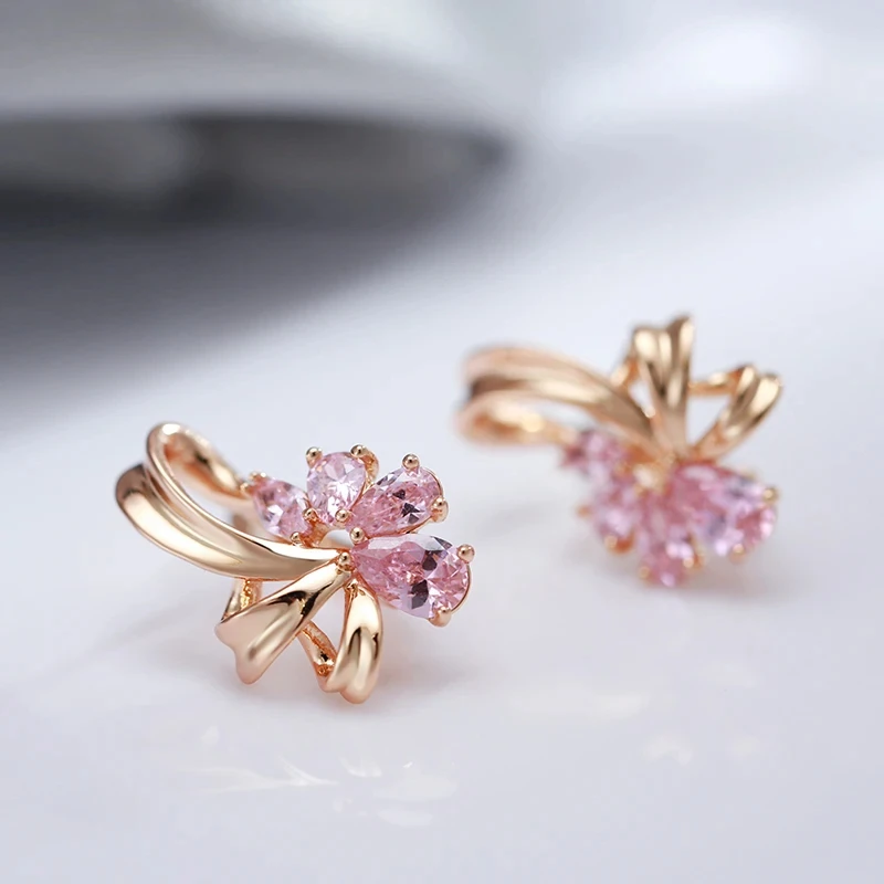 Wbmqda Pink Crystal Flower Drop Earrings For Women 585 Rose Gold Color Natural Zircon Setting Wedding Party Fashion Jewelry Sets