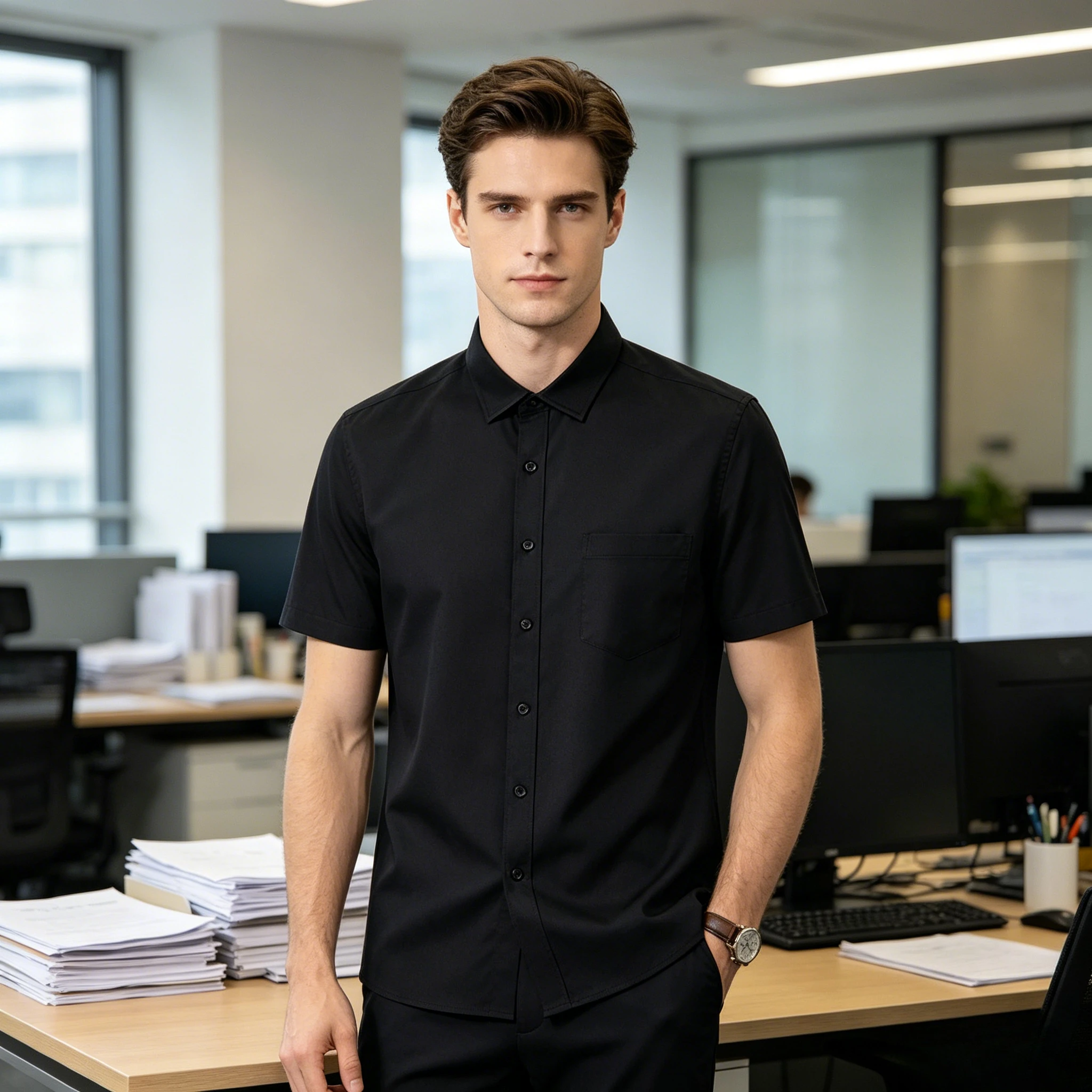 New Anti-Wrinkle Men Shirts Short Sleeves Dress Shirts For Men Slim Fit Camisa Social Business Blouse Pocket White Shirt S-7XL