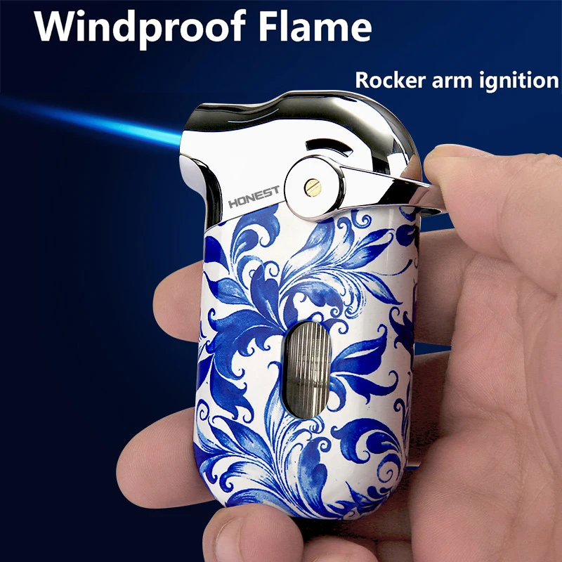 

Ветрозащитная газовая турбозажигалка HONEST с регулируемым синим пламенем, прозрачным окошком, многоразовая, для барбекю, свечей, сигар, подарок