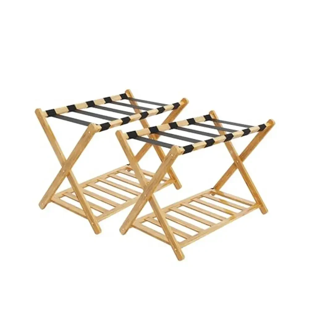 Bamboo Folding Luggage Rack Set of 2 Organizer Stand Shelf Holder Travel Bag Storage