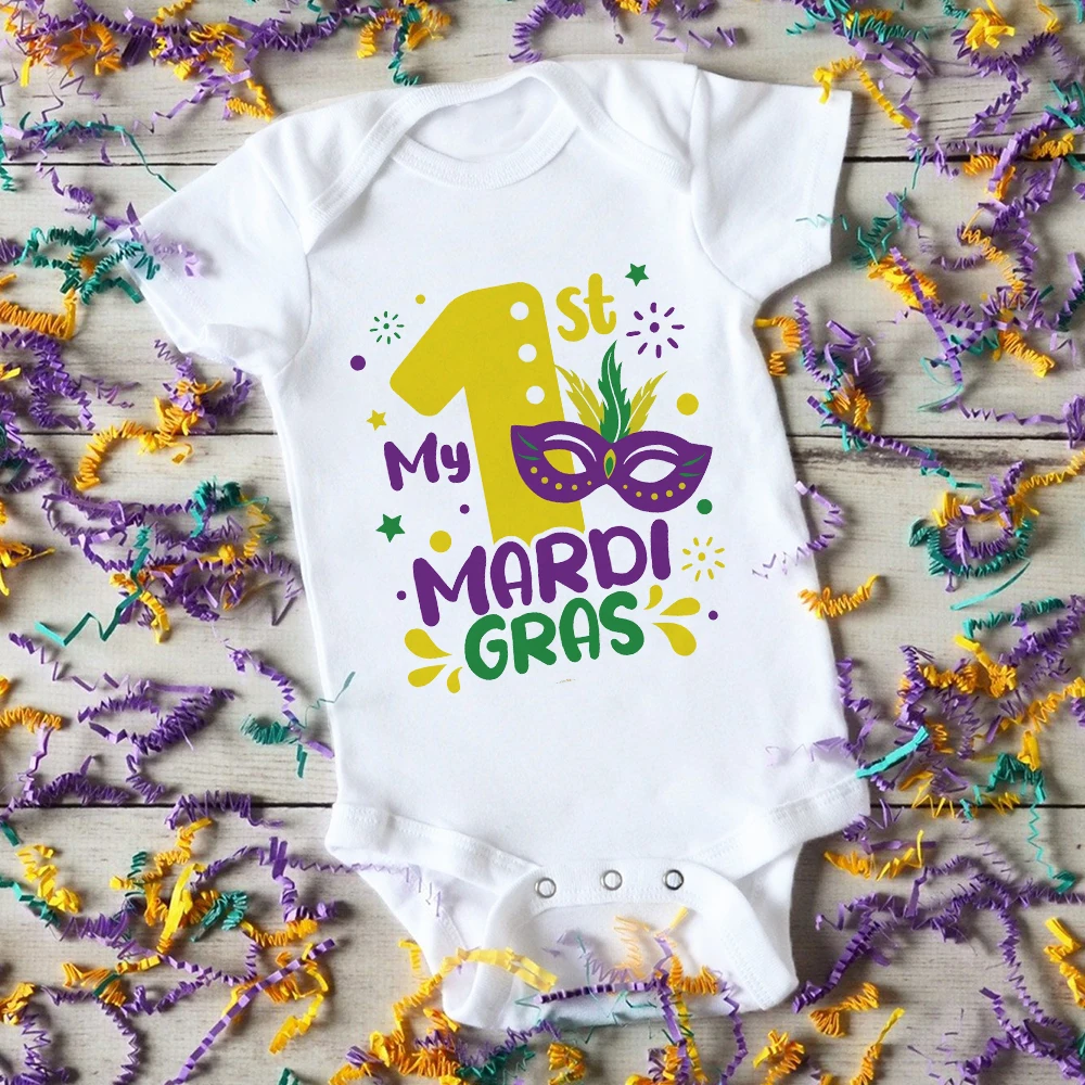 My First Mardi Gras Print Bodysuit for Baby Mardi Gras Carnival Outfit Newborn Holiday Short Sleeve Jumpsuit Funny Infant Romper