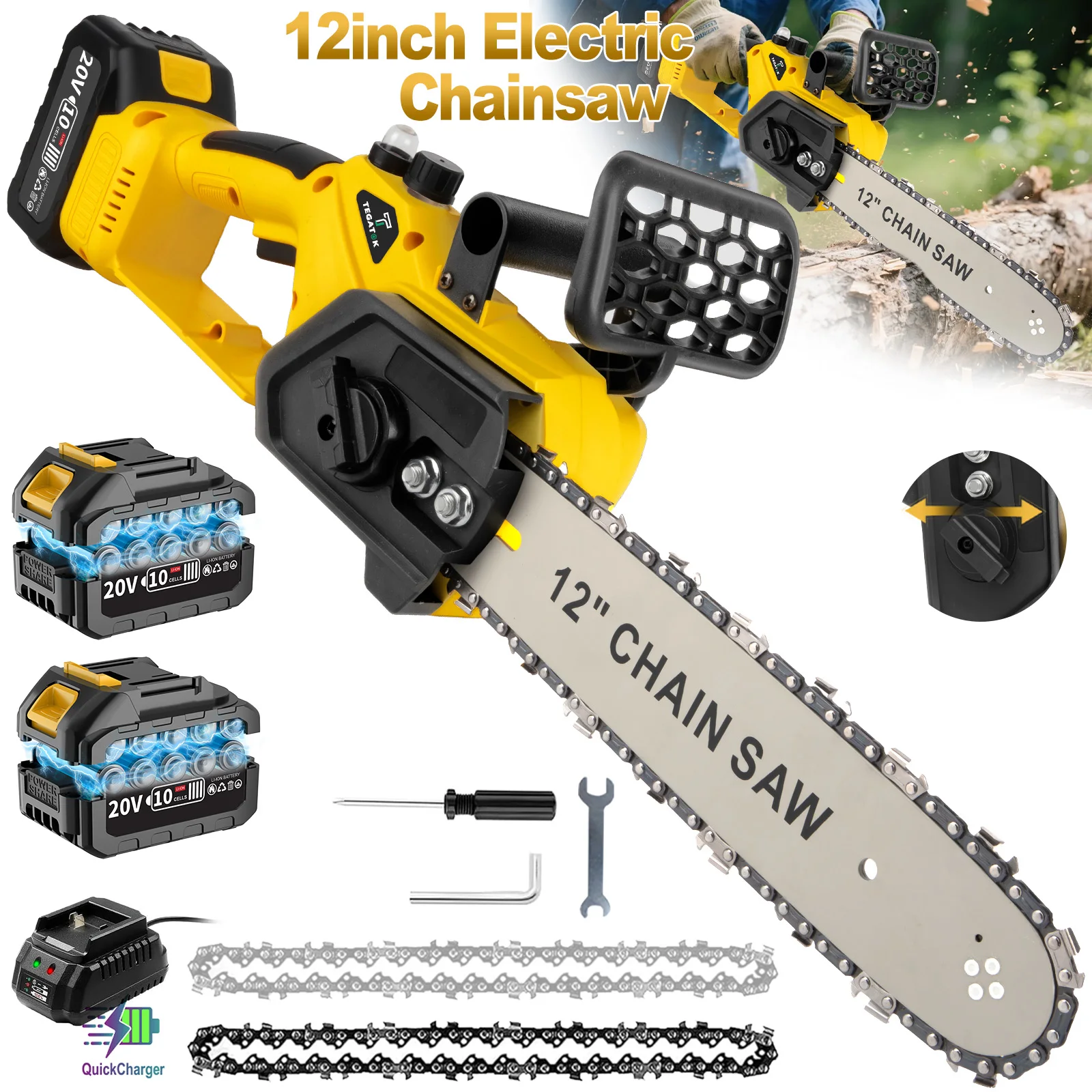 12 Inch 1200W Chainsaw Handheld Household Convenient Electric Cutting Tool with Two Batteries for Cutting Tree Branches and Wood