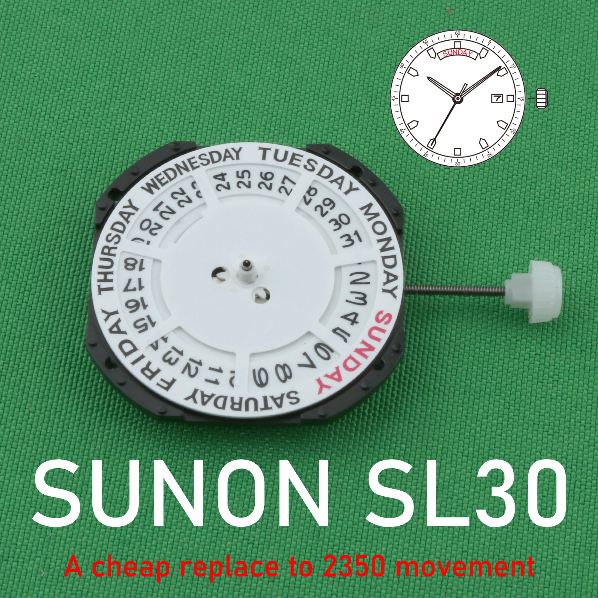 Механизм SL30, Китай, SUNON SL30, кварцевый механизм, календарь с тремя стрелками, широкий день/дата, замена механизма 2350.