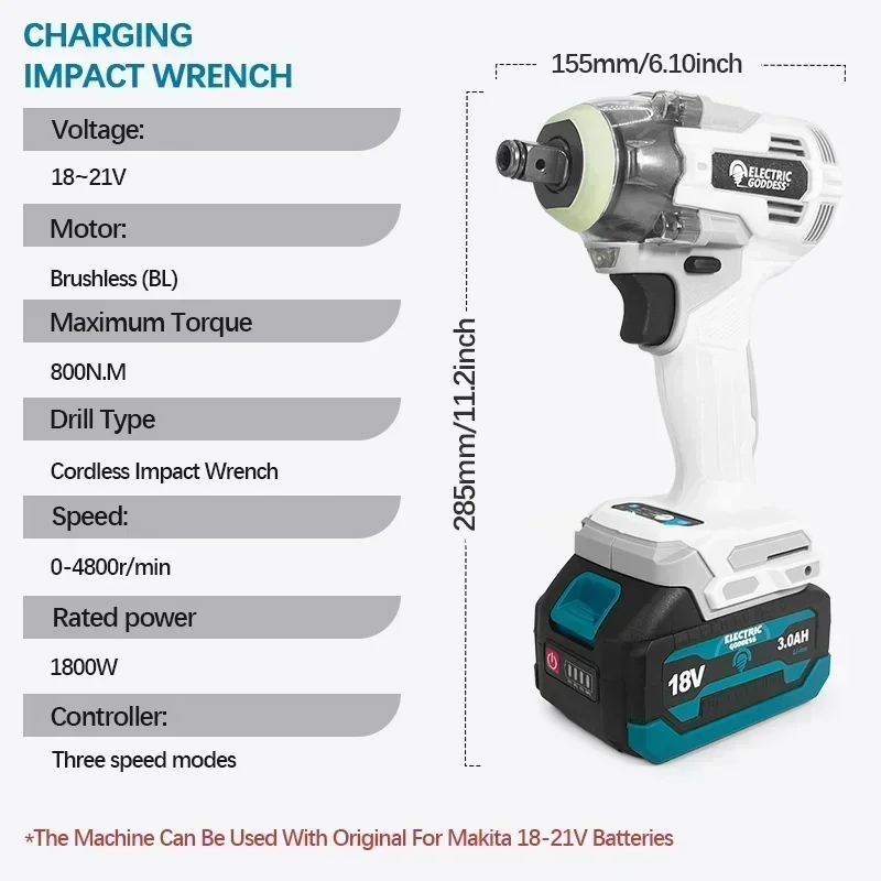 Electric Goddess 800N·M Cordless wrench 1/2 Inch Brushless Lithium Impact Wrench For Makita 18V Tools Battery Power Tools Sets