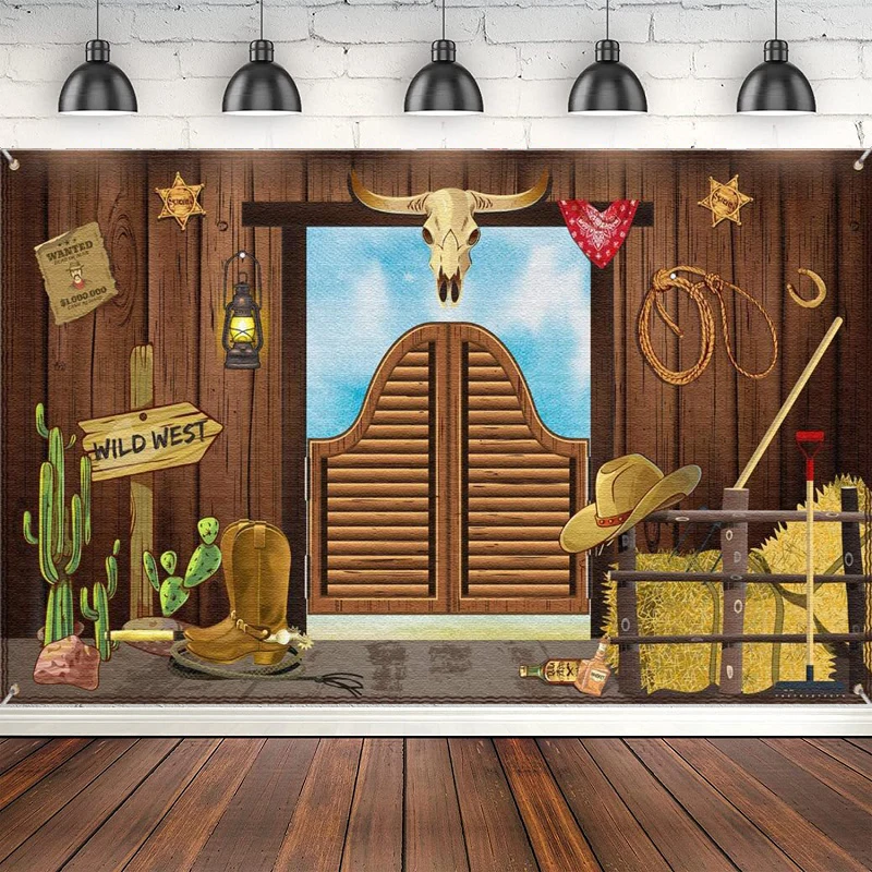 Fotografie Hintergrund Saloon Szene Setzer für Wild West Themed Holzhaus Scheune Banner Cowboy Dekoration Photo Booth Hintergrund