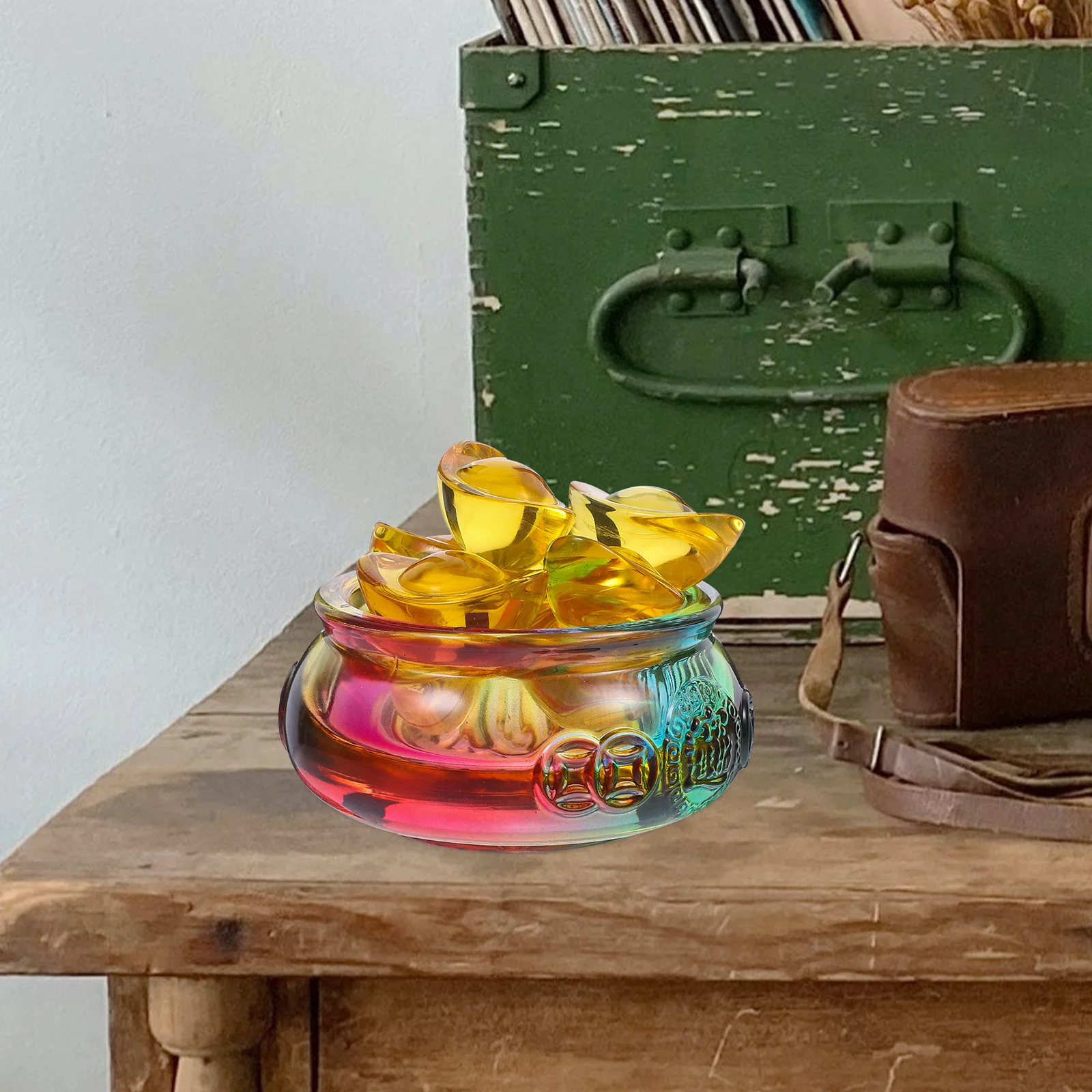 

Small Treasure Metal Money Basin Fortune Desktop Decor Home Office Feng Shui Wealth Bowl Crystal Cornucopia Table