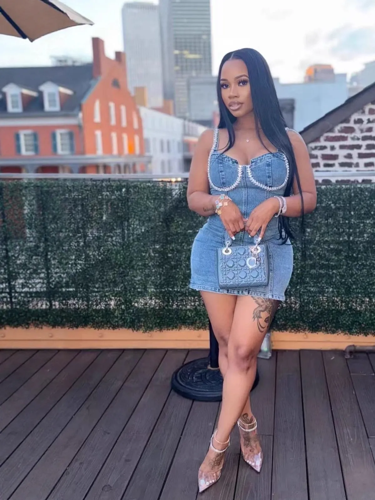 Sexy Denim Blue Diamond Decorated Dress mid Waist Fairy Skirt Style No Brand European And American Style Sexy Dress