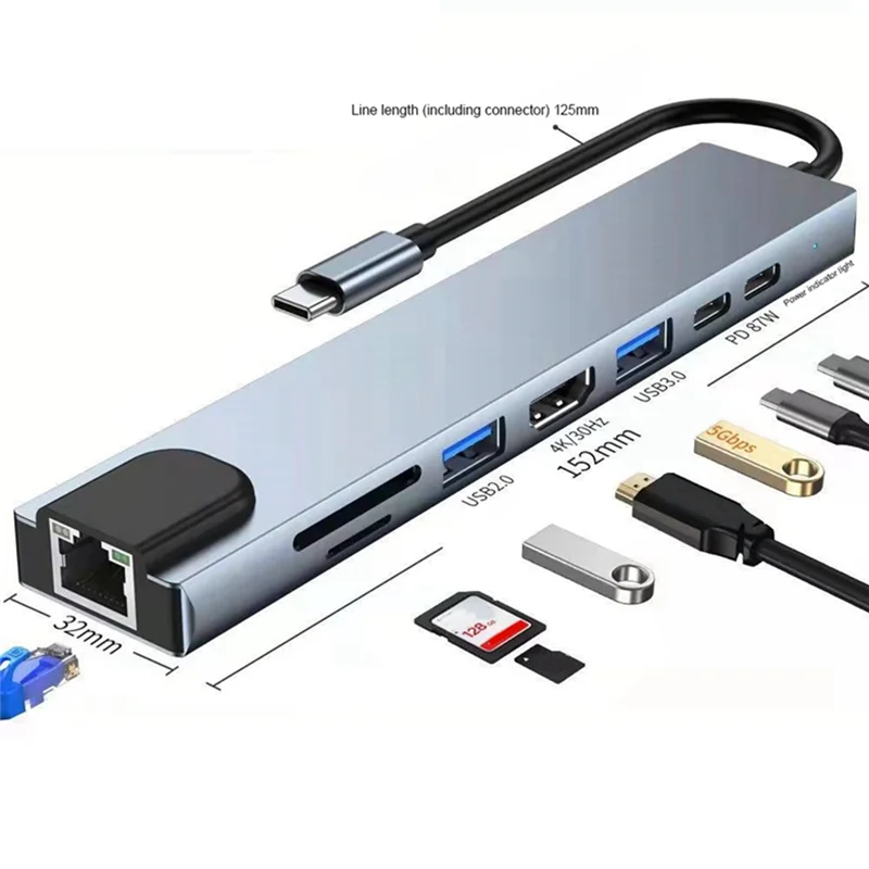 USB C 허브 타입 C-4K HDMI 호환 어댑터, 이더넷 RJ45 SD/TF USB-C 데이터 PD 고속 충전 USB