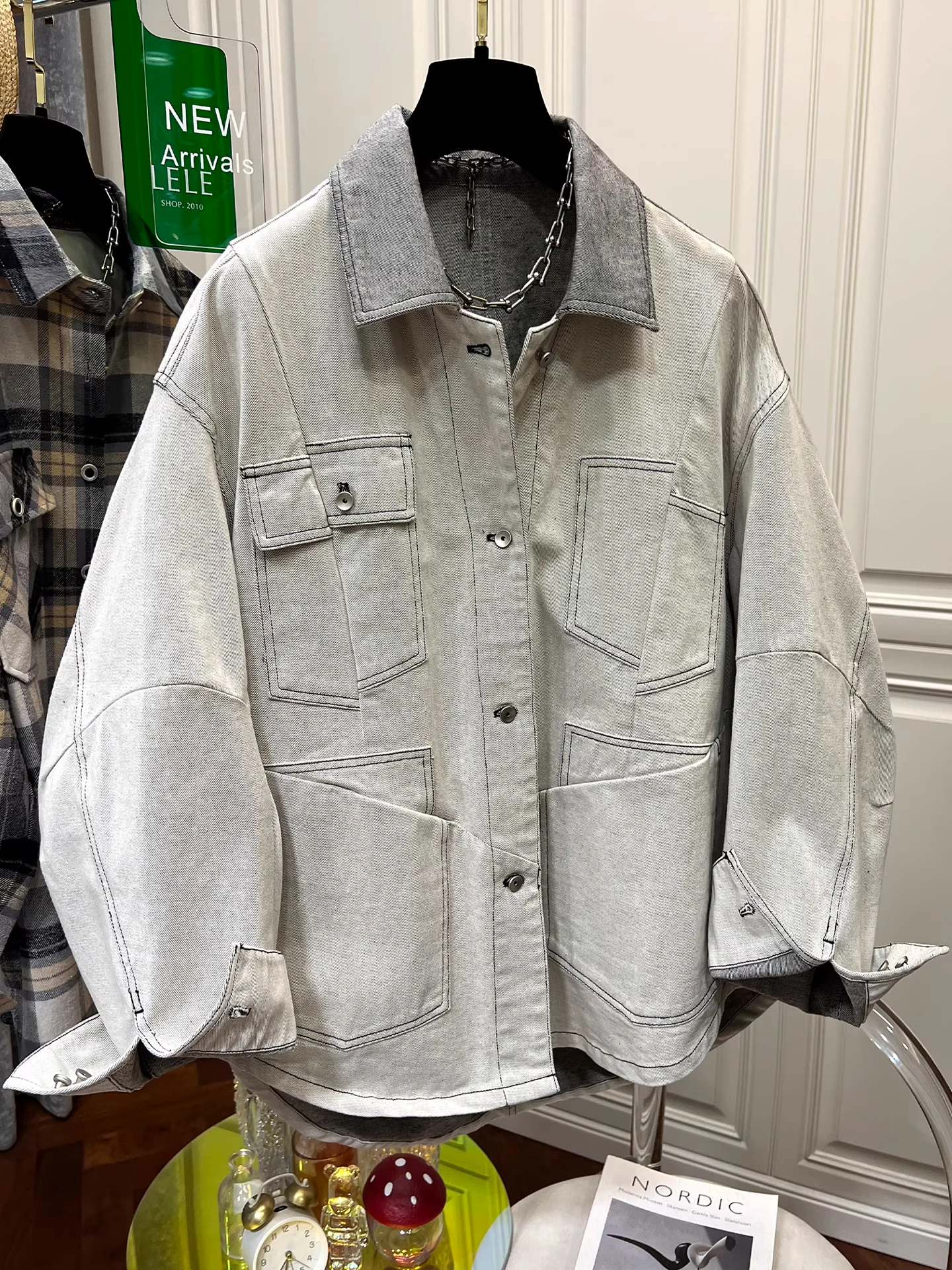 

Loose Casual Denim Jaet ex Spring Autumn Color Blo Collar ket Design Workwear Sle Cotton Jeans Fabric Long Sve